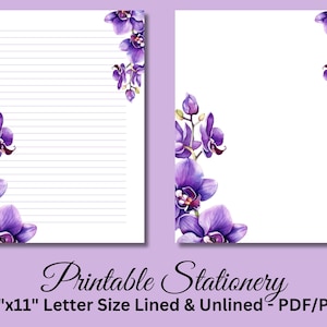 Op de afbeelding: Printbare briefpapier met een paars orchideeën bloemenontwerp. Het briefpapier is letterformaat, 8,5 inch bij 11 inch, en bevat gestreepte en ongestreepte pagina's. Het ontwerp is beschikbaar in PDF- en PNG-formaten.