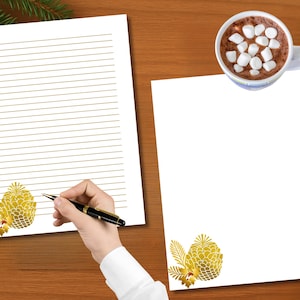 Printable Writing Paper, Christmas Printable Stationery, Letter Writing Paper, Writing Set, Pine Cone, Gold Foil, Instant Download