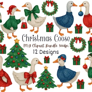 Whimsical Coquette Christmas Goose Clipart Bundle, Watercolor Holiday Geese with Bows, PNG Festive Animal Graphics, Instant Digital Download