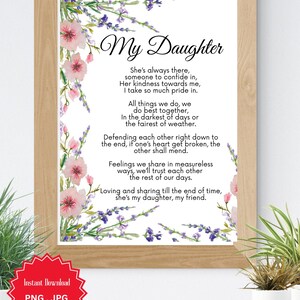 Impressão de arte digital, poema de filha, presente para ela, design floral em aquarela, aniversário, download instantâneo