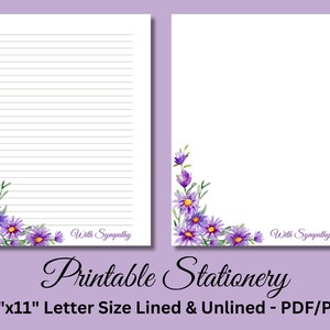 Papel para escribir imprimible, papelería imprimible, papel para escribir cartas de condolencia, juego de escritura, flores moradas, descarga, papelería, pérdida de mamá