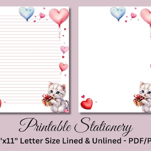 Papel de carta imprimible, papelería imprimible, lindo papel para escribir cartas para el día de San Valentín, juego de escritura, gatito blanco, descarga instantánea