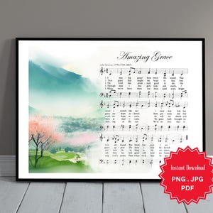Amazing Grace, gezangboek, blad gospelmuziek, afdrukbaar, christelijk cadeau, aquarel berg, digitale kunstafdruk, Instant Download