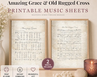 Amazing Grace Old Rugged Cross Hymn Sheet Music Print Set, Christian Sympathy Gift, Funeral Wall Art Printable