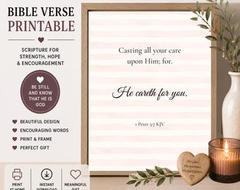 Bible Verse Printable Christian Art, 1 Peter 5:7 KJV Scripture Print, Blush Pink Stripes Home Decor, Instant Download