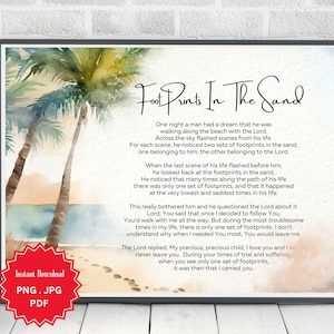 Footprints In The Sand, Christian Wall Art, Footprints In Sand, Footprints Poem, Digital Download, Watercolor Palm Trees, Beach, Horizontal
