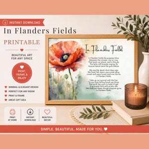 May include: A framed print featuring a watercolor painting of a red poppy with the poem "In Flanders Fields." The print is displayed with a lit candle and a stack of books, suggesting home decor.