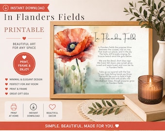 In Flanders Fields Poem Print, Remembrance Day, Veterans Day Memorial, Watercolor Poppy Wall Art Printable, Military Gift