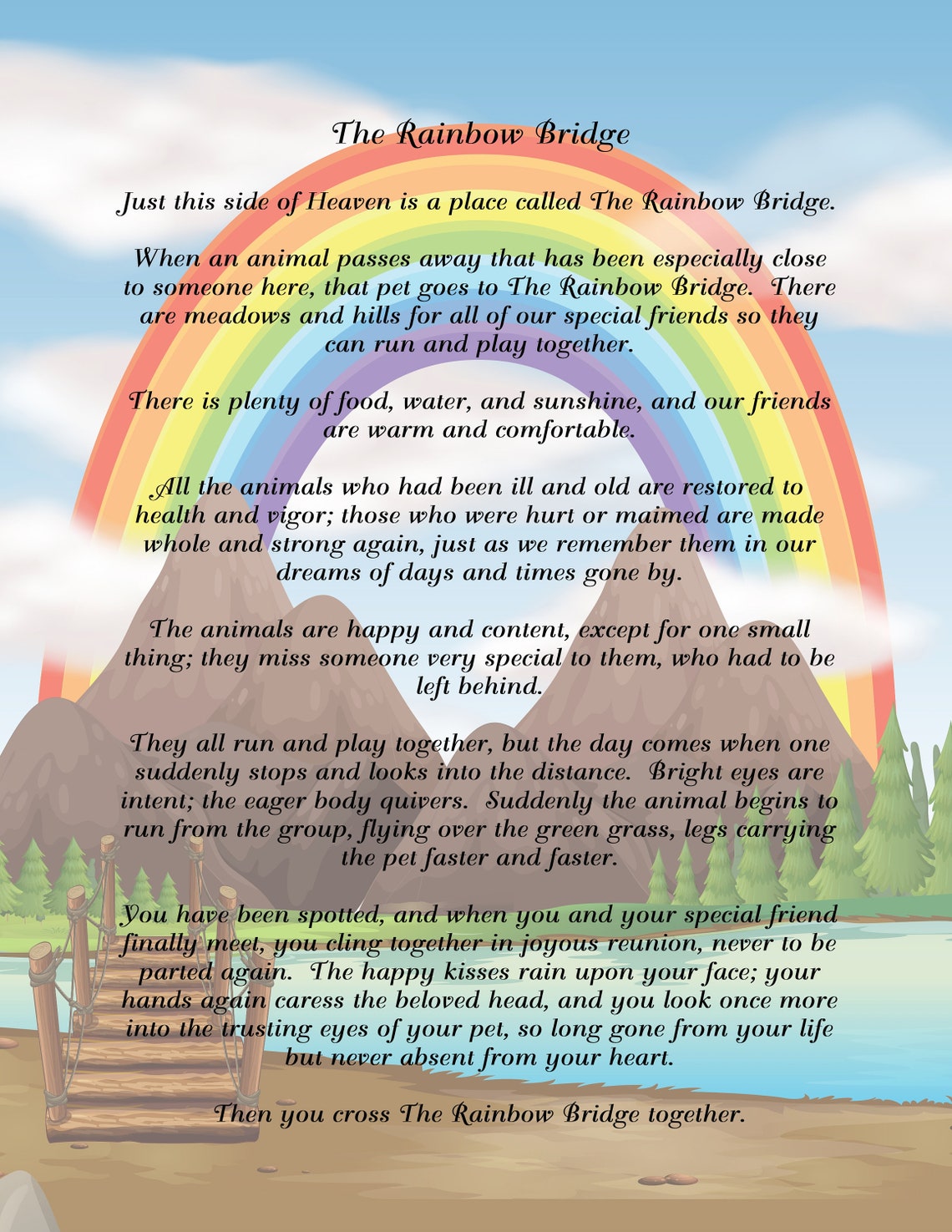 rainbow bridge poem with mountain river background digital