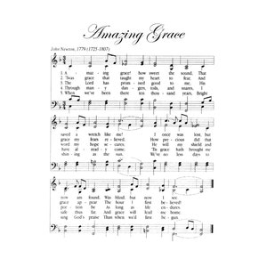 May include: A printed music sheet of the hymn "Amazing Grace", featuring musical notation and lyrics. The title is in an ornate font, with the composer's name and dates below. The bottom of the page includes text: PRINTABLE PDF. RESIZABLE JPG. TRANSPARENT PNG.