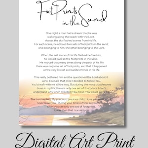Footprints In The Sand, Christian Wall Art, Footprints In Sand, Footprints Poem, Digital Download, Watercolor Sunset, Minimal