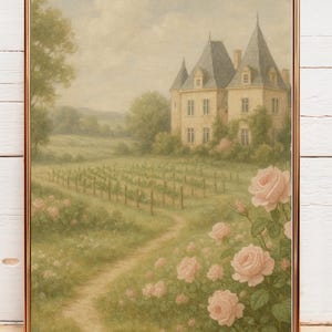 Summer Chateau Watercolor Print, Vintage Chateaucore House Wall Art, Botanical Home Decor, Cozy French Countryside Digital Decor Poster