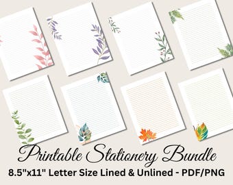 Botanical Printable Stationery Bundle, Floral & Leaf Writing Paper Set, Lined Letter Paper Collection, PDF PNG Digital Download