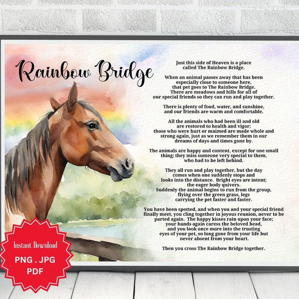 Rainbow Bridge, Pet Loss, Pet Sympathy Gift, Rainbow Bridge Poem, Loss Of Pet, Digital Download, Bridge, Brown Horse, Horizontal