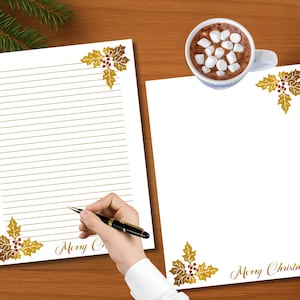Printable Writing Paper, Christmas Printable Stationery, Stationary, Letter Writing Paper, Writing Set, Holly, Gold Foil, Instant Download