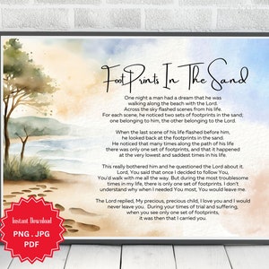 Footprints In The Sand, Christian Wall Art, Footprints In Sand, Footprints Poem, Digital Download, Watercolor Waves, Trees, Horizontal