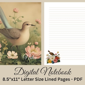 Cuaderno digital en PDF, papel imprimible, papelería floral imprimible, juego de cartas, descarga instantánea, pájaros vintage
