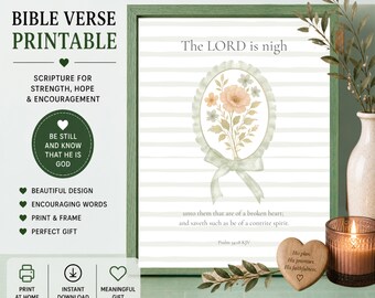 Floral Oval Scripture Christian Art Print, Psalm 34:18 KJV, The Lord is Nigh, Sympathy Printable Instant Download