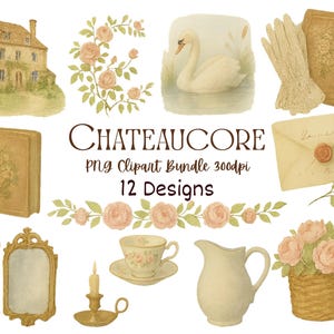 Chateaucore Watercolor Clipart Bundle, French Cottage Aesthetic PNGs, Romantic Vintage Elements for Junk Journals, Instant Digital Download