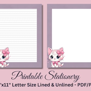 Papel de carta imprimible, papelería imprimible, papelería, lindo papel para escribir cartas, juego de escritura para niños, gatito, lazo rosa, descarga instantánea