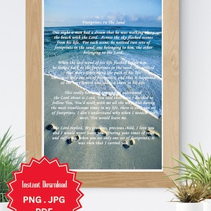 Footprints In The Sand, Christian Wall Art, Footprints In Sand, Footprints Poem, Digital Download, Blue Water