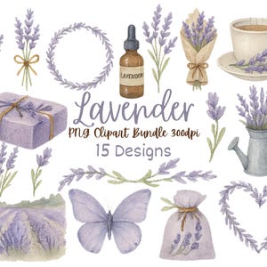 Aquarell Lavendel Clipart Bundle, lila Blumen PNG, rustikale Lavendel Blumenstrauß, Bauernhaus Botanisches Set, sofortiger digitaler Download
