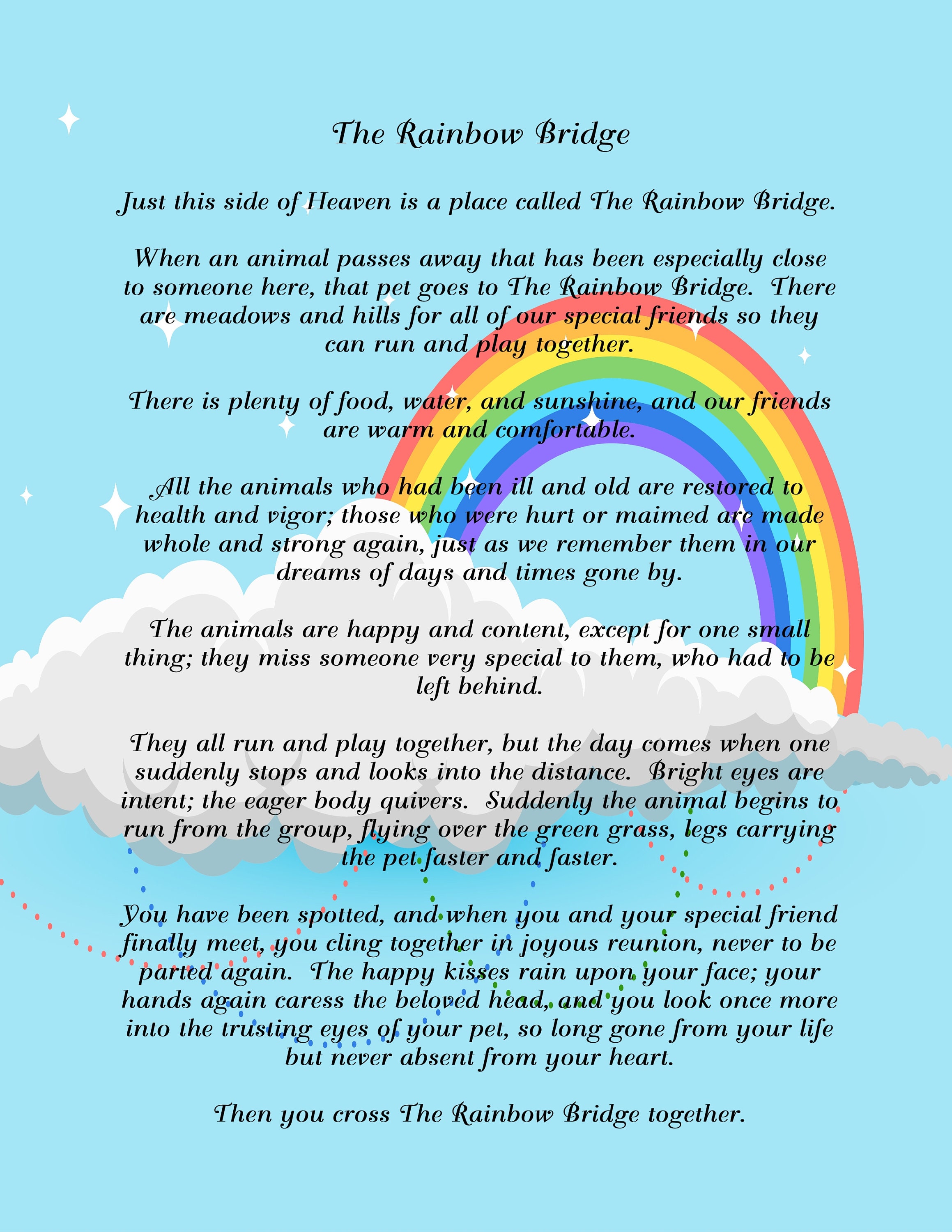 rainbow bridge poem with rainbow sky background digital etsy
