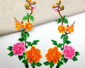 1 par de apliques de roupa bordados com flores, apliques de peônia coloridos de tamanho grande para passar a ferro.