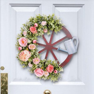 Corona de flores de peonía rosa artificial de 18 pulgadas, corona de puerta delantera con hervidor de agua con ruedas, decoración de corona de tienda en la puerta