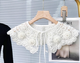 Weißer Strickpullover Blumenstickerei Kragen Patch, Gefälschte Kragen Schal Dekoration