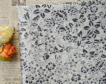 Off White Base Black Floral Embossed Jacquard Fabric, Minimalist Vintage Flower Woven Cloth for Dress, Blouse & Home Decor Sewing