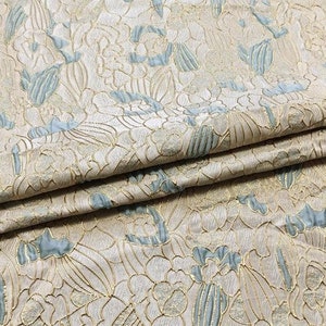 Elegant Blue Floral Brocade Clothing Fabric High Grade Gold Line Solid Relief Flower Pattern Satin Fabric for Dress Skirt Suit Coat