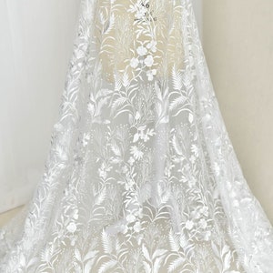 Luxurious Plants Floral Embroidery Lace Fabric for Wedding Dress,Off-white Bridal Veil Tulle Fabric