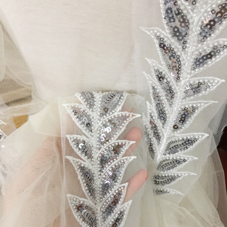 Silver Beading Sequin 3D long leaf Lace Applique Patch,bridal lace applique,Embroidered Appliques for Headwear,waist belt