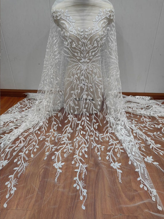 wedding dress lace fabric suppliers Beaded Embroidered Flower Lace Fabric for Wedding Dress,branch Pattern  Sequin Tulle Material