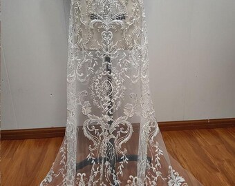 Luxurious Embroidered Beading Lace Fabric for Wedding Dress,Off-white Courtly Floral Sequin Tulle Fabric
