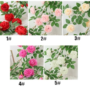 May include: Five different artificial flower garlands with green leaves and pink, red, and white flowers. The garlands are labeled 1# through 5#.