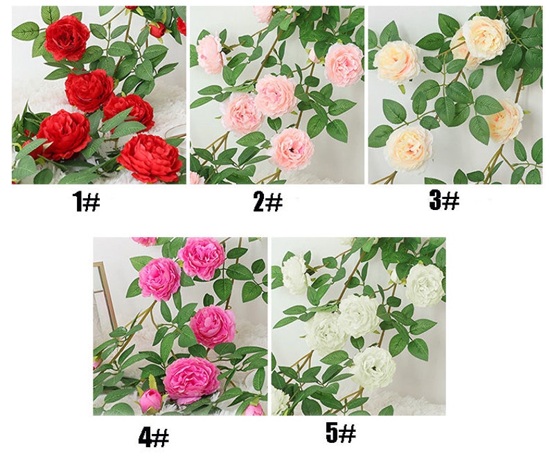 May include: Five different artificial flower garlands with green leaves and pink, red, and white flowers. The garlands are labeled 1# through 5#.