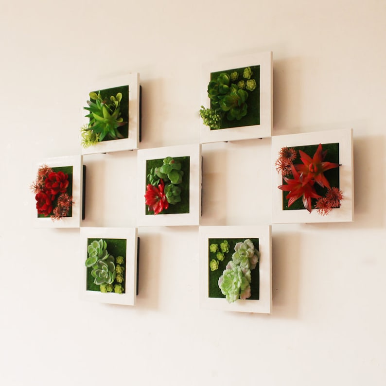 Puede incluir: Un conjunto de ocho piezas de decoraci&oacute;n de pared enmarcadas en blanco con suculentas y vegetaci&oacute;n artificial. Los marcos est&aacute;n dispuestos en un patr&oacute;n escalonado en una pared blanca.