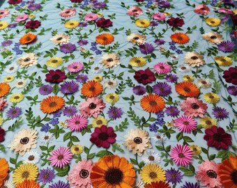 Tela de encaje floral liso de 1 yarda, lujosa tela de tul bordada colorida para vestido de noche.