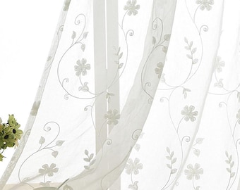 White Floral Vine Embroidery Sheer Curtain Fabric, Linen Textured Light Filtering Voile Fabric  for Window Sheer Curtains, Bedroom Decor