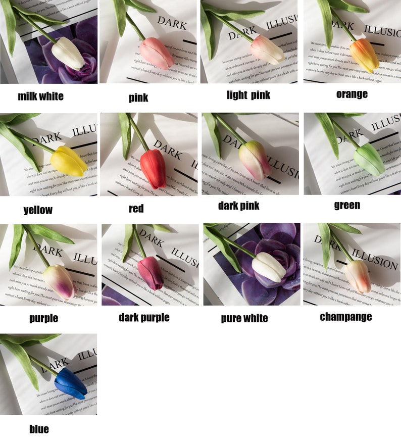Op de afbeelding: Een set van 11 kunstmatige tulpenstengels in verschillende kleuren, waaronder melkachtig wit, roze, lichtroze, oranje, geel, rood, donkerroze, groen, paars, donkerpaars en blauw. De tulpen zijn gerangschikt in een raster op een witte achtergrond.
