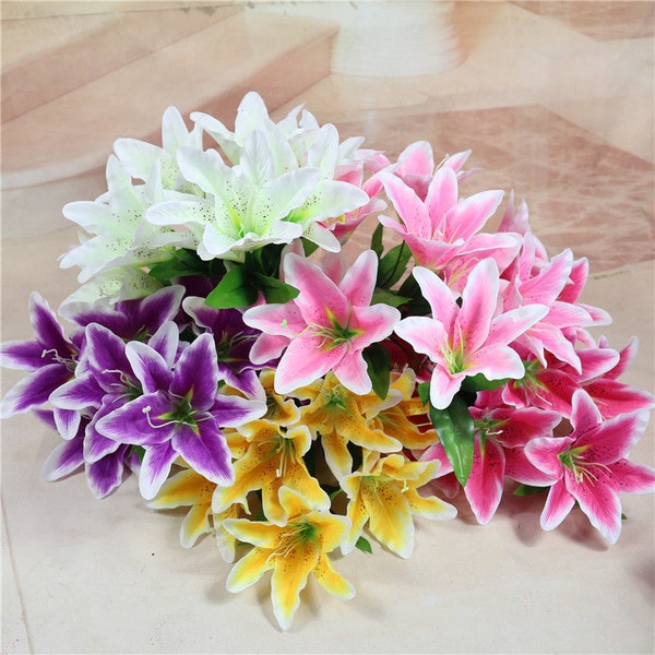 9 flowers Artificial flower Silk Lily Bouquets for Bridal,Wedding Centerpieces Arrangement,Fake Floral Lily Home Decoration