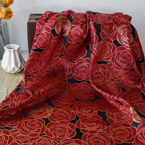 Rose Floral Brocade Clothing Fabric Multicolored Gold Line Flower