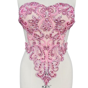 Luxurious Handmade Rhinestone Beaded Lace Patch, Wedding Dress Bright Diamond Front Chest Lace Applique, Prom Dress Accessories