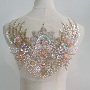 Champange beading embroidery Lace Applique Patch, wedding bridal dress chest lace applique, prom dress lace accessories