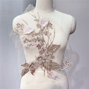 Solid Beading Flower Embroidery Lace Applique Patch, Big size light brown bridal lace applique, Prom Dress Embroidered Appliques 45cmx28cm