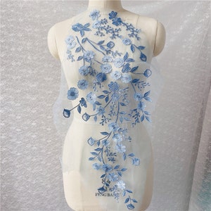 Parche de aplique de encaje bordado de flores sólidas azules, aplique de encaje de vestido de novia de gran tamaño, apliques bordados de vestido de fiesta