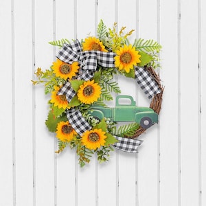 Corona de girasol amarillo artificial de 14 pulgadas, corona para puerta de entrada, decoraciones colgantes para cercas, decoración de corona de tienda en la puerta