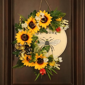 Corona de girasol artificial amarilla de 14 pulgadas, corona de abejas para puerta de entrada, decoración de bienvenida de tienda en la puerta
